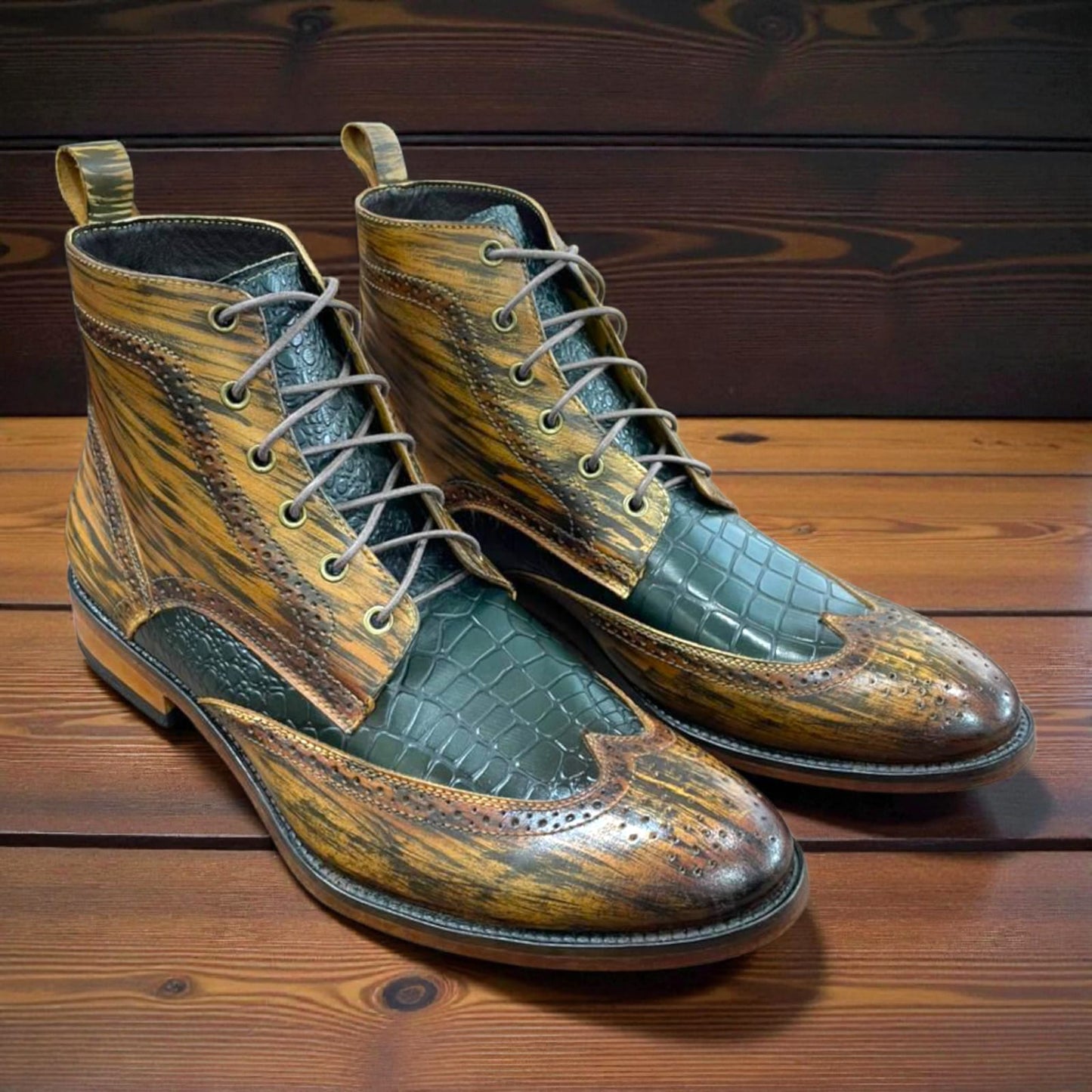 BOTÍN AMX CUERO COCODRILO MIEL Y VERDE TALLA 42