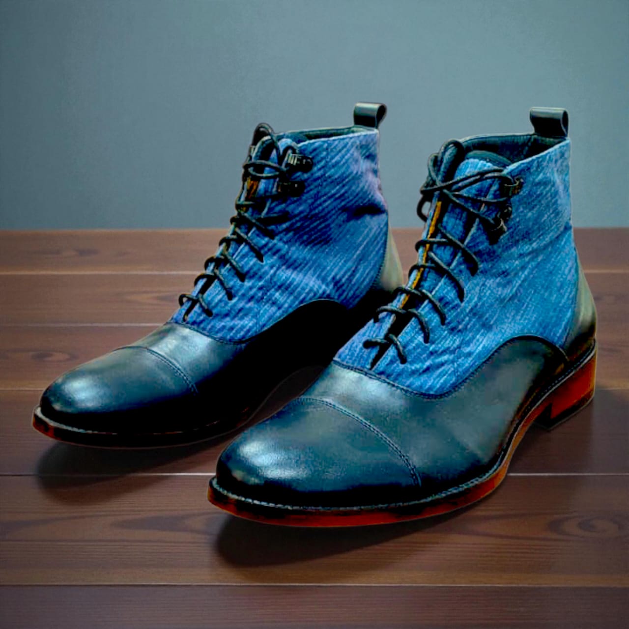 BOTÍN ESCOCÉS CUERO Y TELA PANA AZÚL TALLA 41