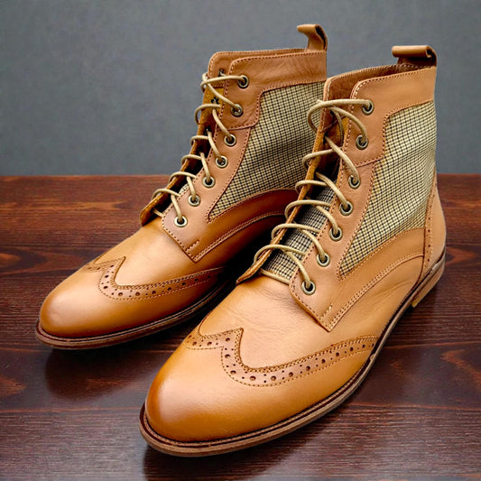 BOTIN DE MUJER CUERO COLOR MIEL CON TEXTIL