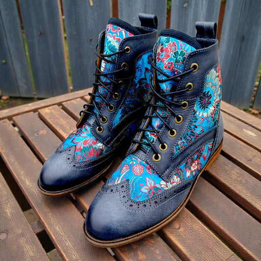 BOTIN MUJER CUERO AZUL CON TEXTIL