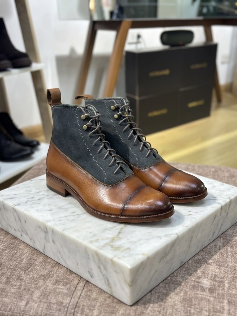 BOTIN ESCOCES - CUERO MIEL & GAMUZA GRIS
